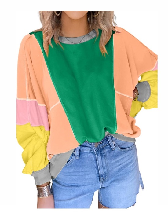 Kevamolly Tops - Long Sleeve Oversized Tops Colorblock Patchwork Exposed StitchingPullover 2XL